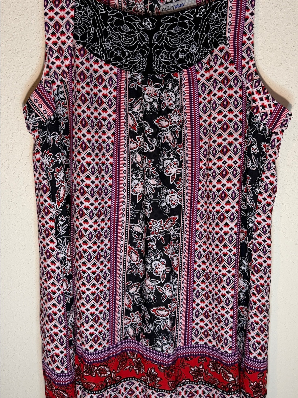 bailey blue Black midi dress with Red and Pink Patterned Panels